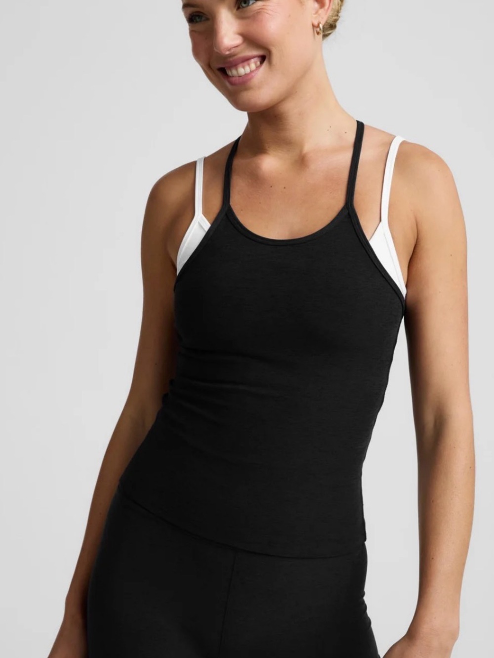 Beyond Yoga Black Double-Strap Bandeau Tank with White Accent Straps